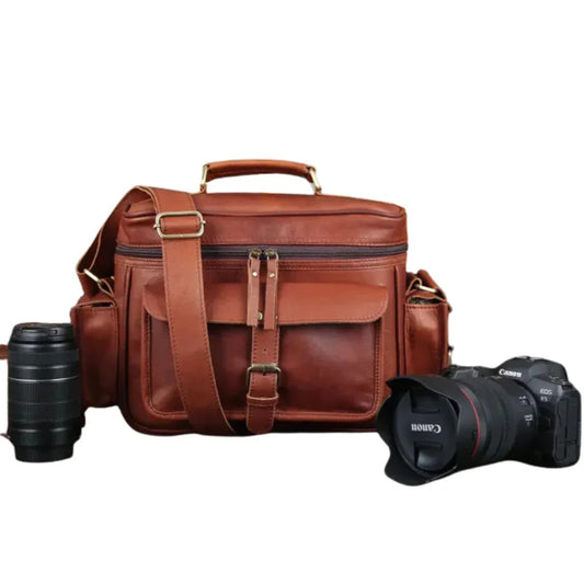 Classic Leather Camera Satchel – DSLR Case for Professional Photographers
