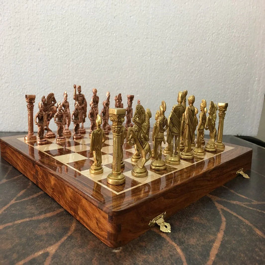 Antique Folding Wooden Brass Chess Board