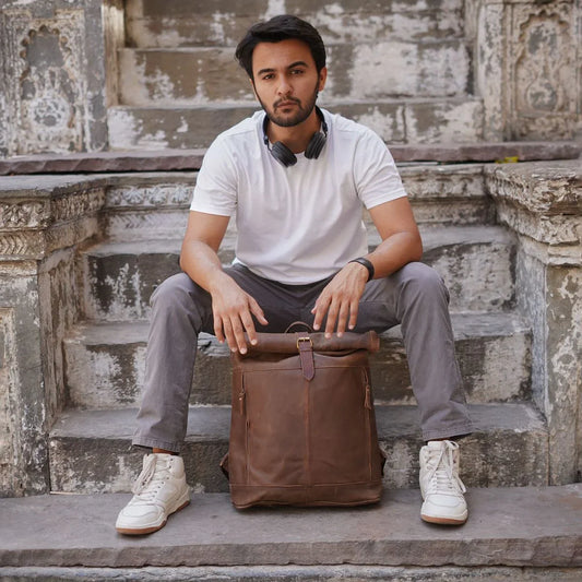 Brown Rolling Backpack from Genuine Leather
