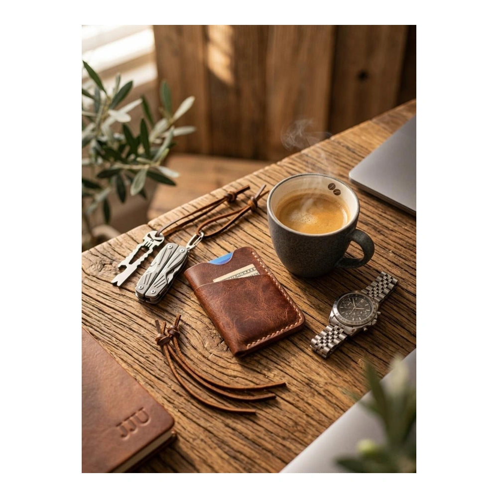 Leather card holder wallet with coffee and accessories lifestyle shot vintage cognac slim wallet