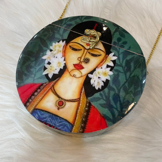 Handcrafted Circular Wooden Clutch with Girls Print