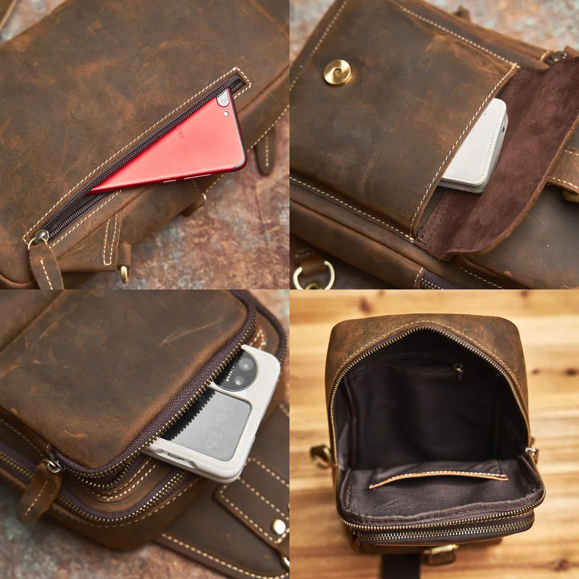 Handmade Full-Grain Leather Crossbody Bag with Adjustable Strap