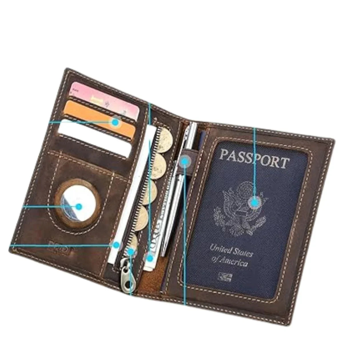 Handmade Genuine Brown Leather Passport Holder with Card Slots