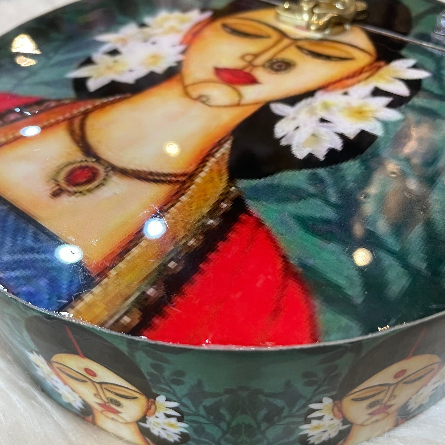 Handcrafted Circular Wooden Clutch with Girls Print