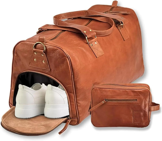 Leather Weekender Duffle Bag for Men – Travel Bag with Free Toiletry Pouch