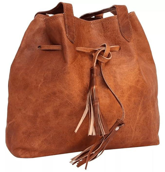 Stylish Women's Large Brown Leather Bucket Tote