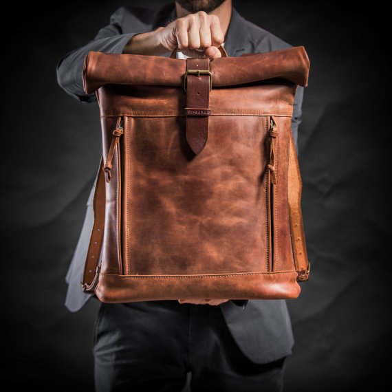 Brown Rolling Backpack from Genuine Leather