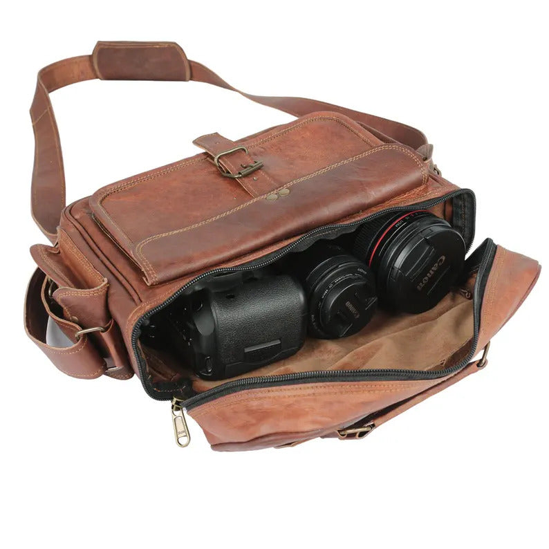 Classic Leather Camera Satchel – DSLR Case for Professional Photographers