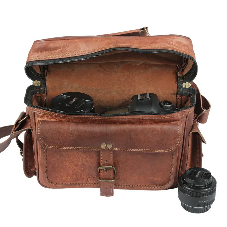 Classic Leather Camera Satchel – DSLR Case for Professional Photographers