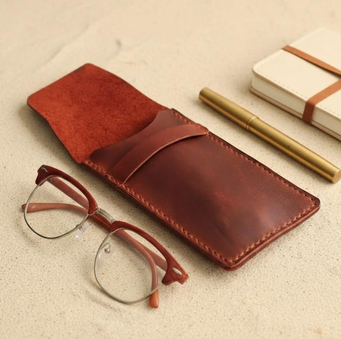 Handcrafted Brown Leather Eyeglass Case