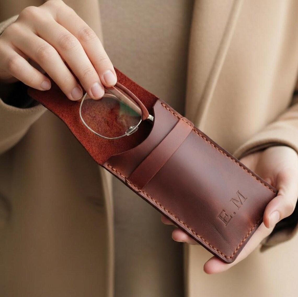 Handcrafted Brown Leather Eyeglass Case