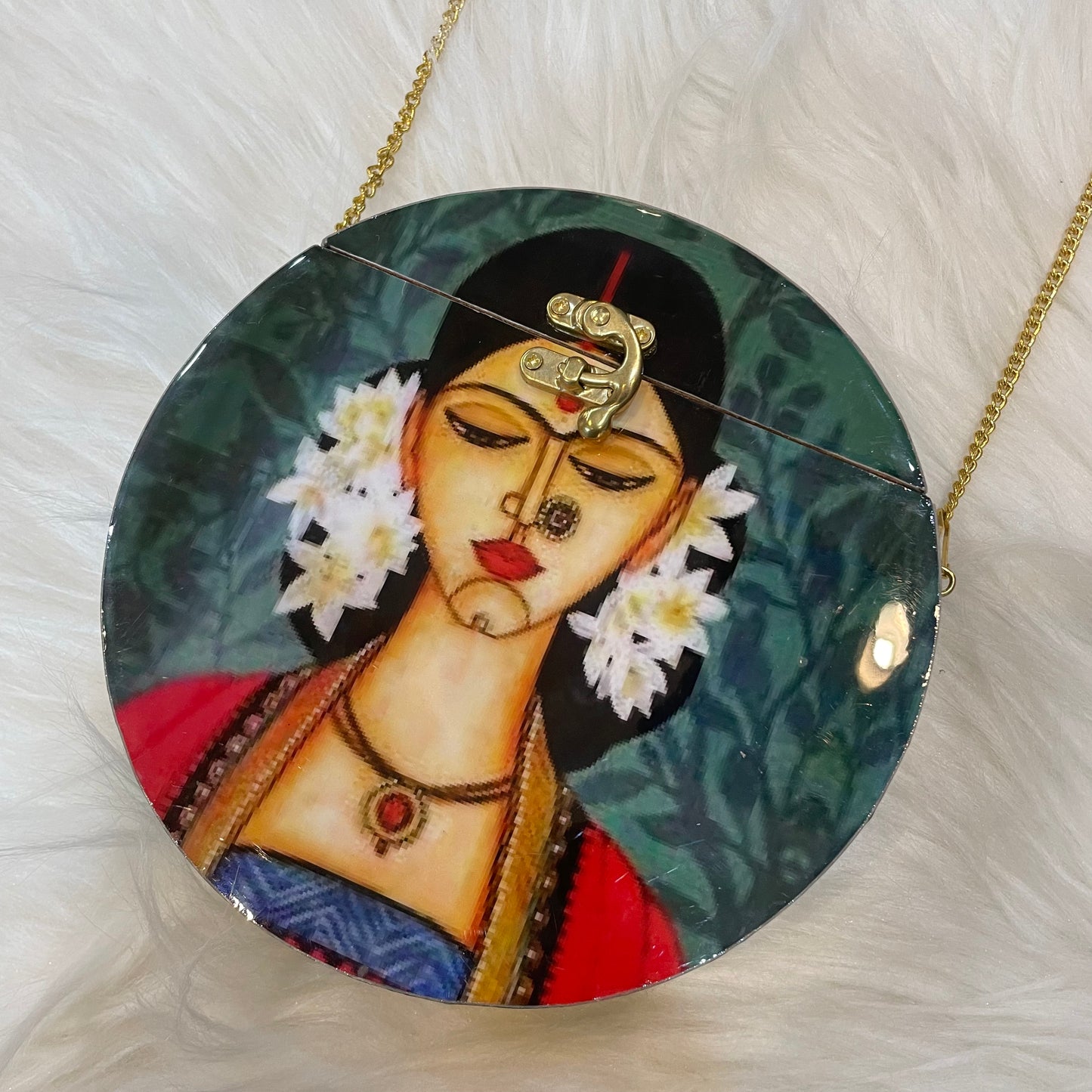 Handcrafted Circular Wooden Clutch with Girls Print