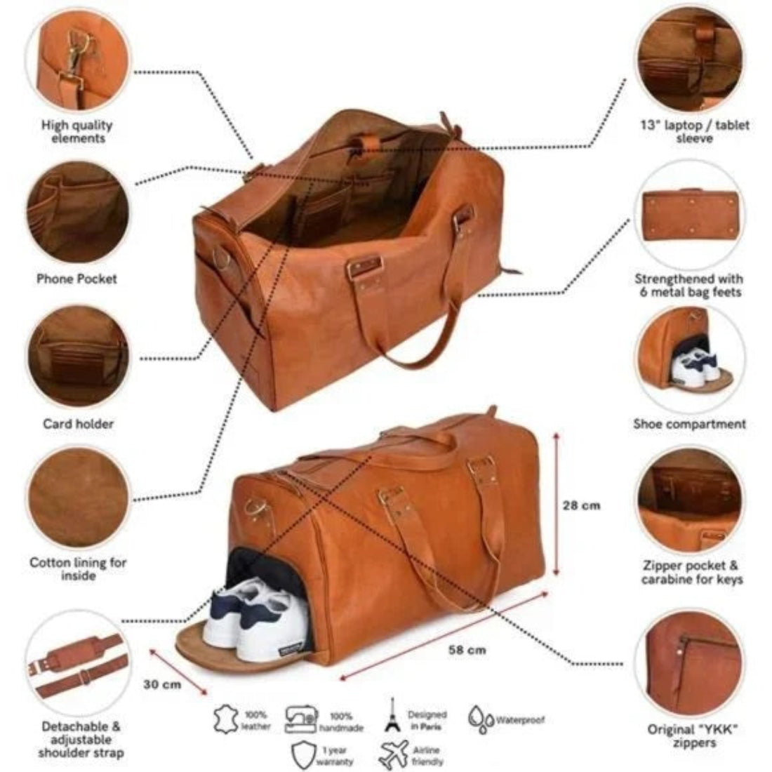 Leather Weekender Duffle Bag for Men – Travel Bag with Free