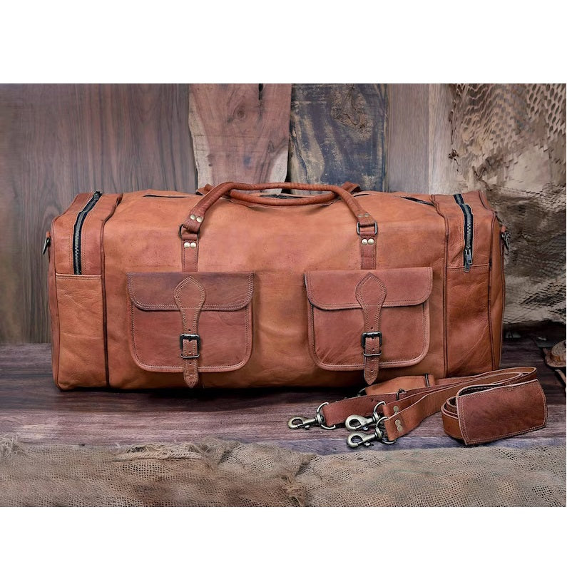 Unisex Leather Luggage Weekender Duffle Bag 