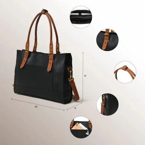Women’s Office Leather Tote Laptop Bag-Black