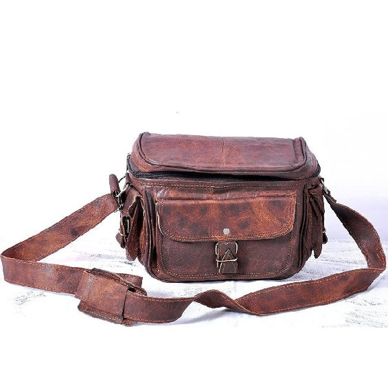 Vintage Leather Camera Bag With Shoulder Strap